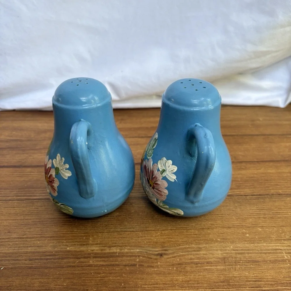 Vintage Ransburg Pottery Blue Floral Hand Painted Salt Pepper Shakers MCM